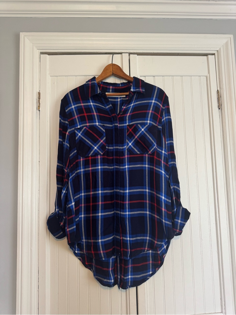 Womens Navy Blue Plaid Button-Up Blouse